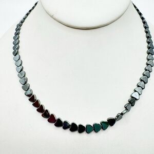 Vintage Hematite Heart Beaded Necklace  Barrel Clasp 16”